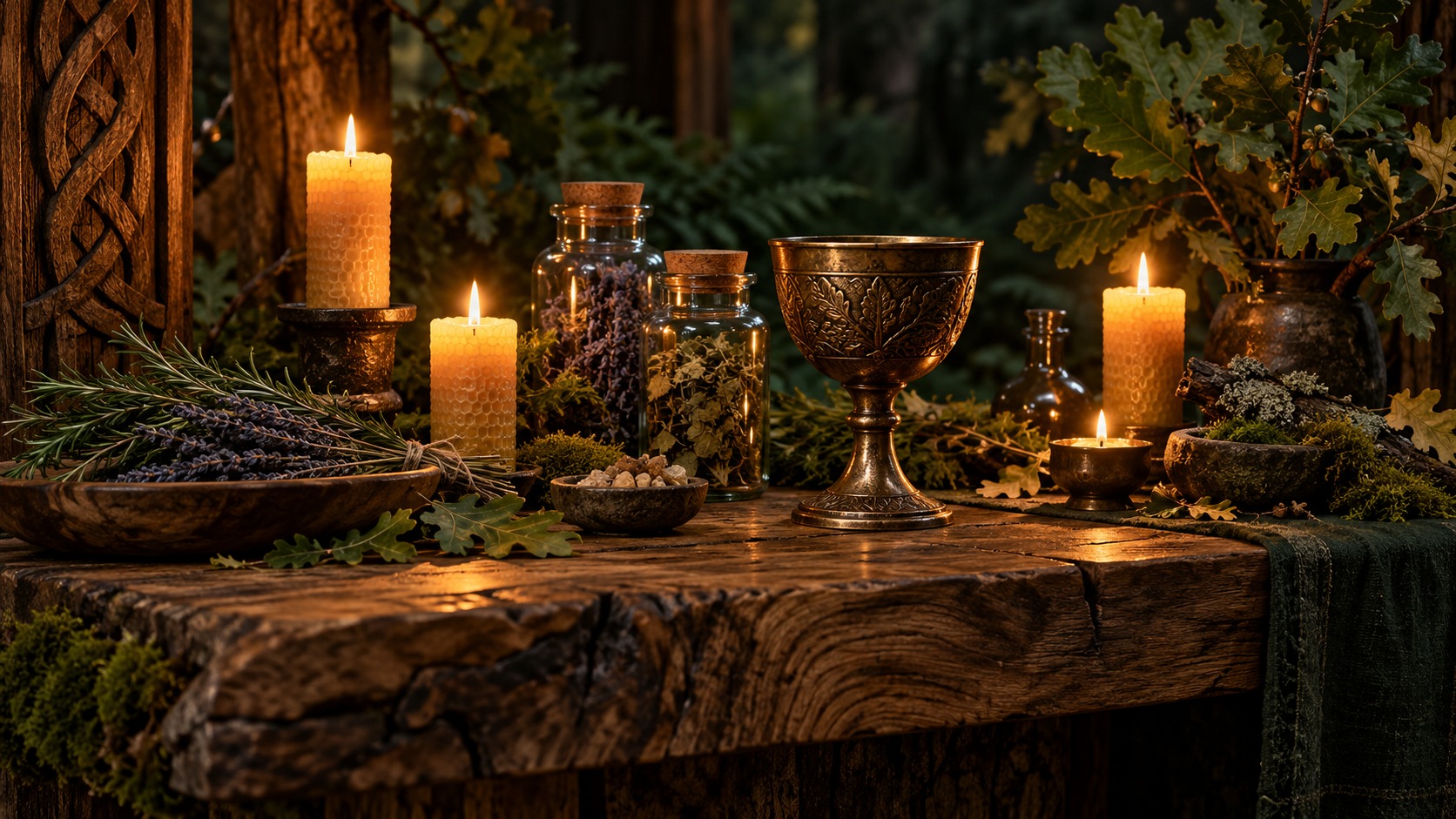 Rustic forest altar with candles, bronze chalice and herbs