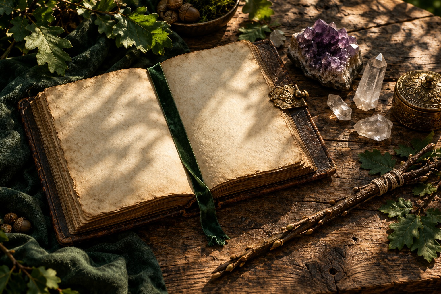 Open grimoire, amethyst, quartz and hazel wand on rustic oak