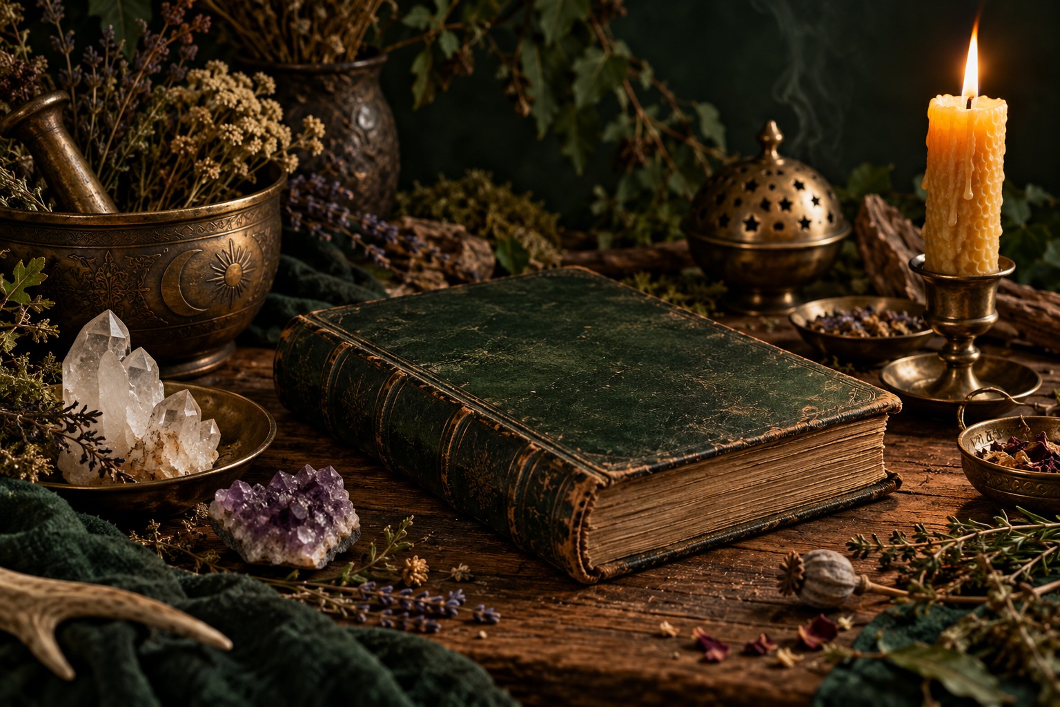 Rustic grimoire, crystals and candlelight
