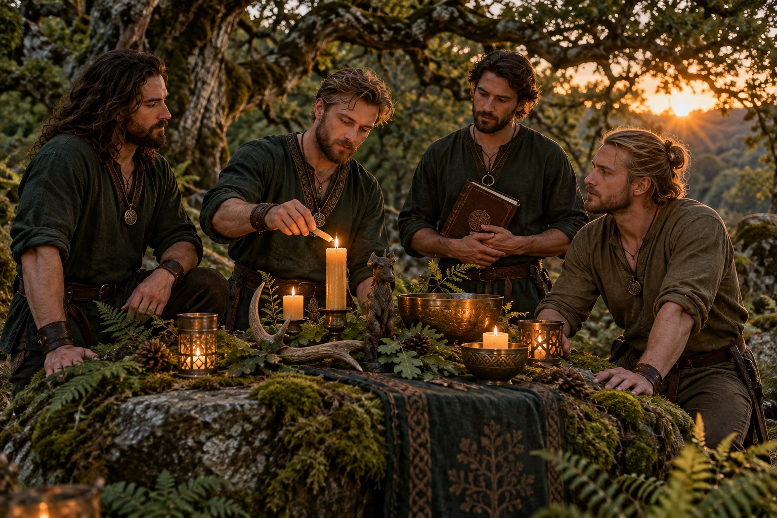 Illustrative woodland gathering of brothers